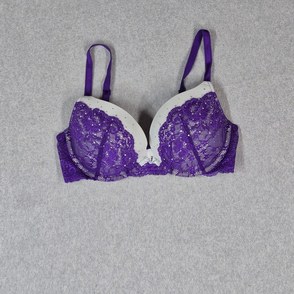Victoria Secret Women Bra 34D Purple Floral Balconette Rhinestone Underwired